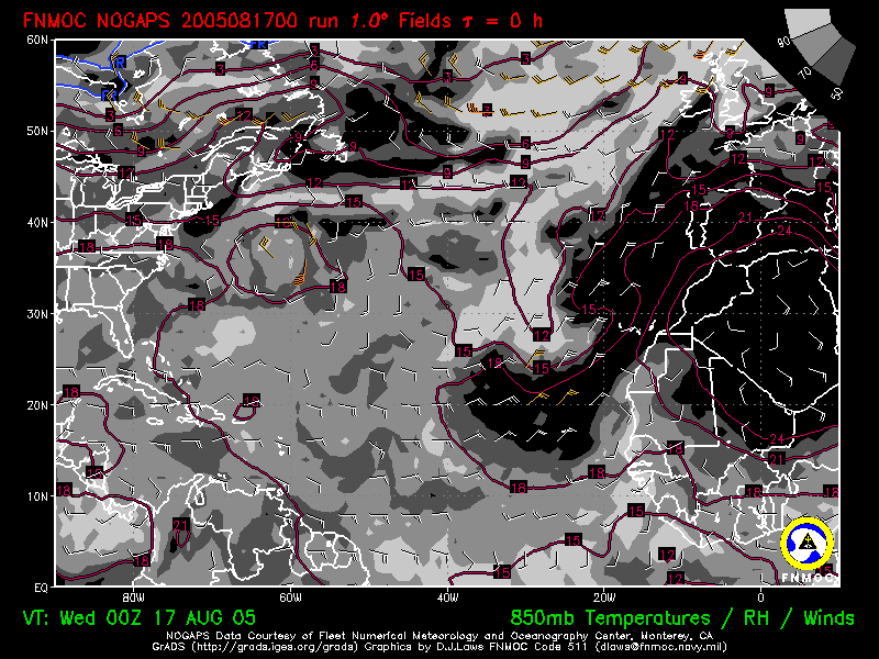 product: 850 hPa Temperature [C], winds [kts] and Rel. Hum. [%], area: Atlantic, tau: 000 